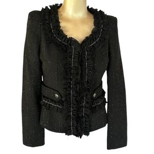 WOW Couture Black Tweed Ruffle Jacket Blazer With Shoulder Pads Small